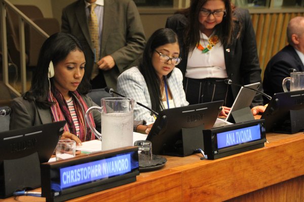 Ana Ivonia behind the panel desk at the UN HQ
