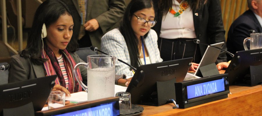 Ana Ivonia behind the panel desk at the UN HQ