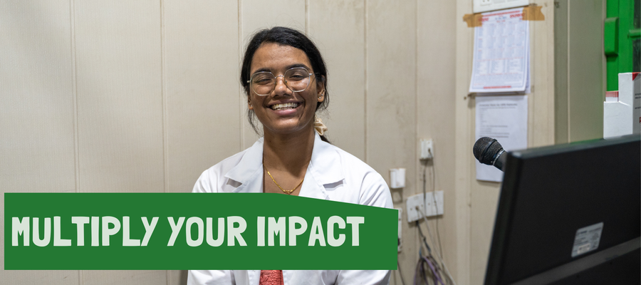 A young woman smiles at the camera with the caption 'Multiply your impact'