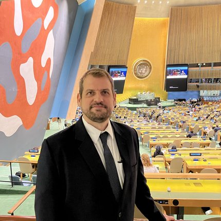 Mathias in the General Assembly hall of the United Nations in New York