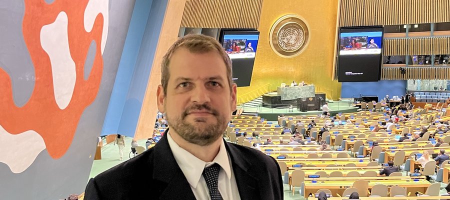 Mathias in the General Assembly hall of the United Nations in New York